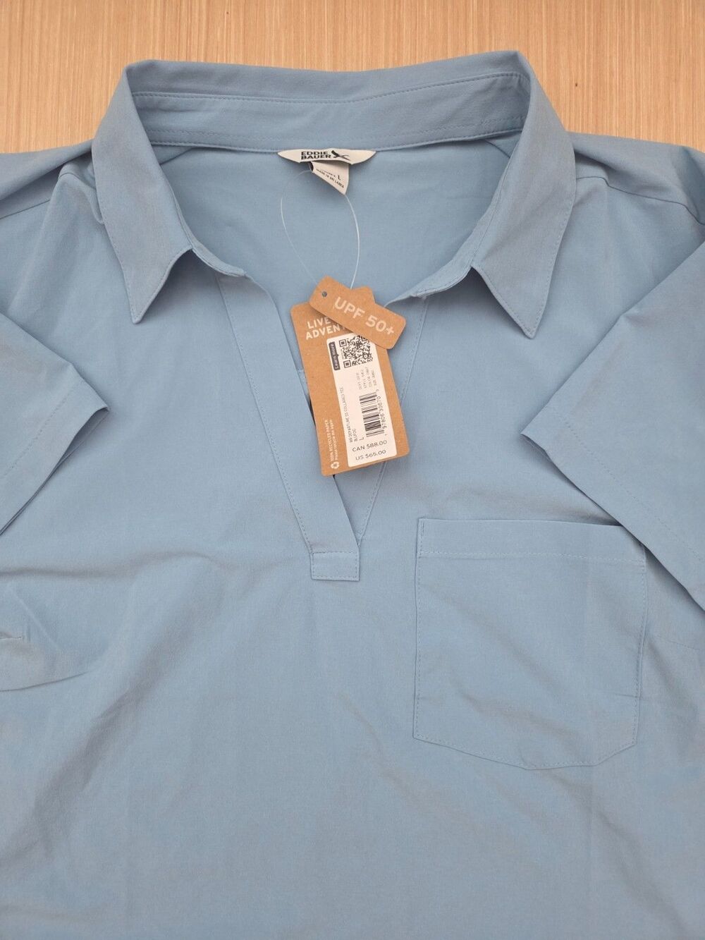 Eddie Bauer Women's L Departure Short Sleeve V-Neck Collared Tee Blue Fog NEW